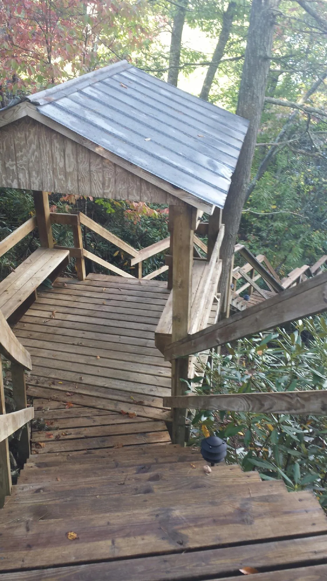 Metal roofed shelter over wooden steps on a wooded walkway — Skylight Repair & Installation work by our crew in Brewster